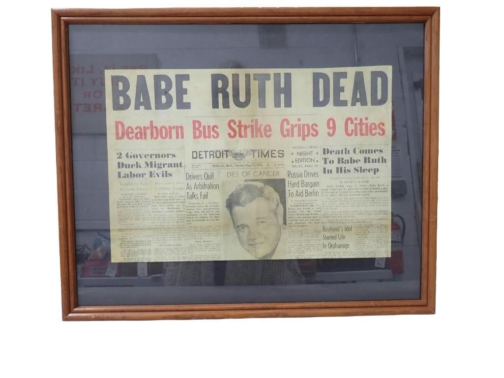 Framed Babe Ruth Death Detroit Times Newspaper from 8-17-1948 (1 of 4)