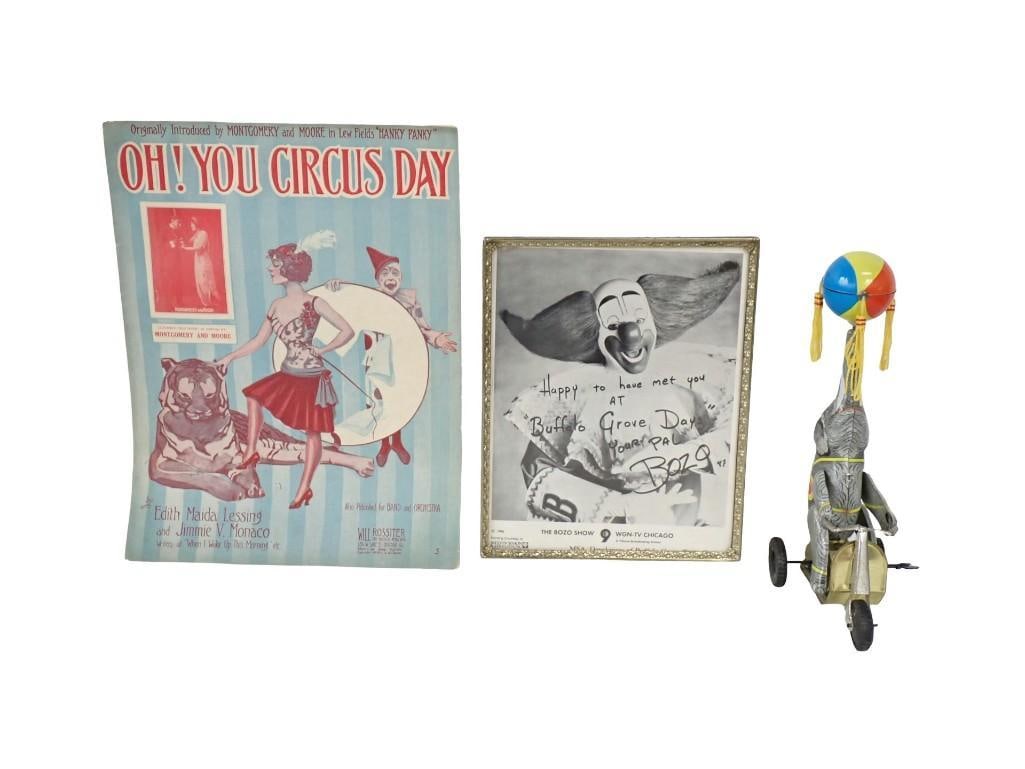 Circus Lot including Wind-up Elephant, Signed Bozo the Clown Photo, 1900's Sheet Music (1 of 4)