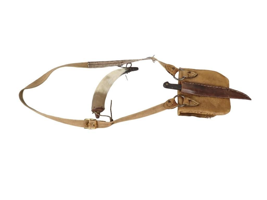 Antique 1890's Hunters Possibles Bag, Patch Knife and Powder Horn: Antique 1890's Hunters Possibles Bag, Patch Knife and Powder Horn All pictures are considered part of the description and should be examined carefully by bidders. Live Auctioneers is now offering 