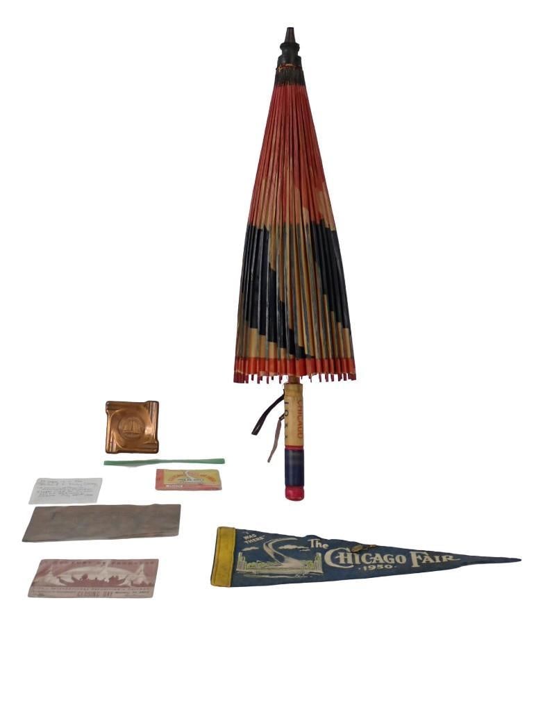 Chicago World Fair Lot including 1933 and 1950 items - Umbrella, Ashtray, Copper Ticket, Ticket Book (1 of 9)