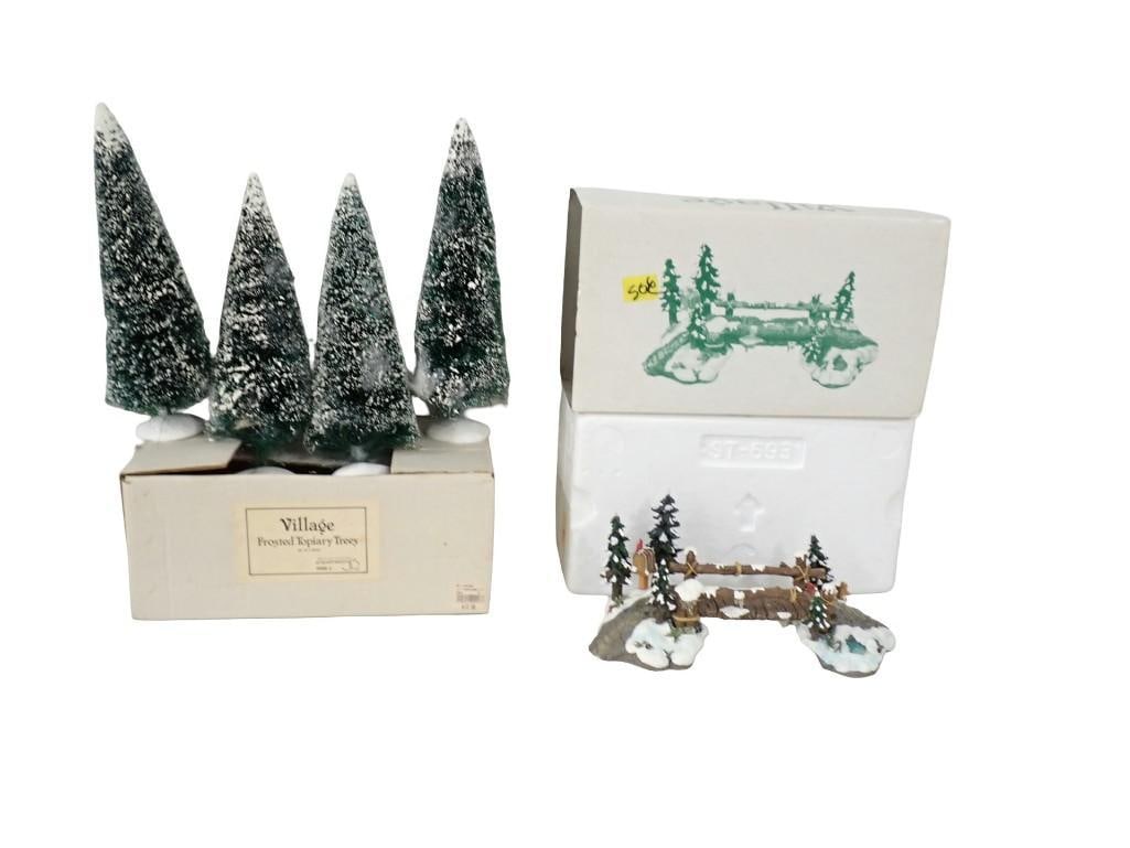 Department 56 Accessories Lot including Village Frosted Topiary Trees and Mill Creek Wooden Bridge (1 of 12)