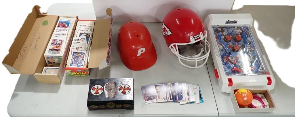 Sports / Toy Lot including Pinball Game, Football and Baseball Cards KC Chiefs Helmet, Phillies, etc (1 of 19)