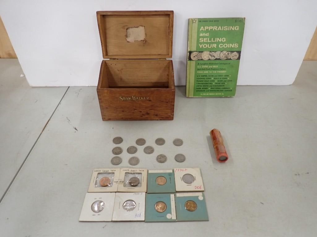 Coin lot including Buffalo Nickles, Coin Book, Roll of Wheat Back Pennies, wooden case (1 of 13)