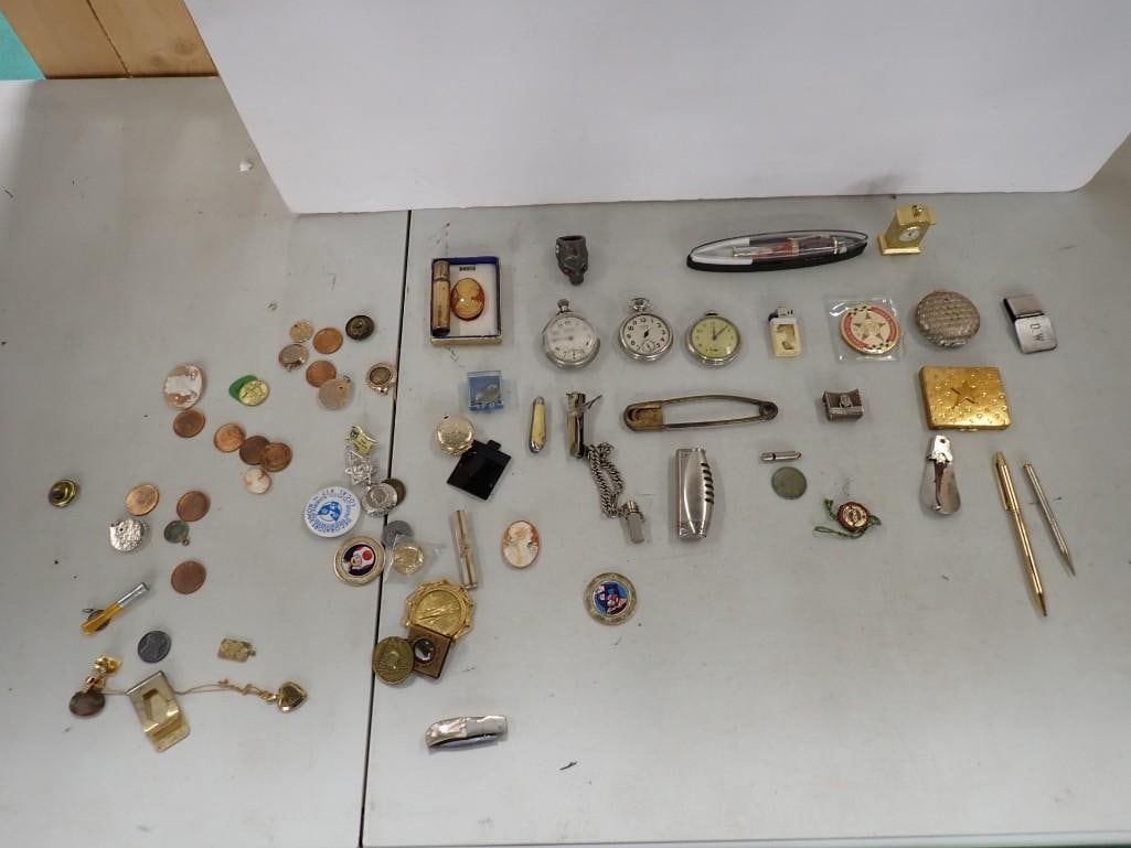 Smalls Lot including Pocket Watches, Trinkets, Buttons, Pins, Coins, etc.: Smalls Lot including Pocket Watches, Trinkets, Buttons, Pins, Coins, etc. All pictures are considered part of the description and should be examined carefully by bidders. Live Auctioneers is now offer