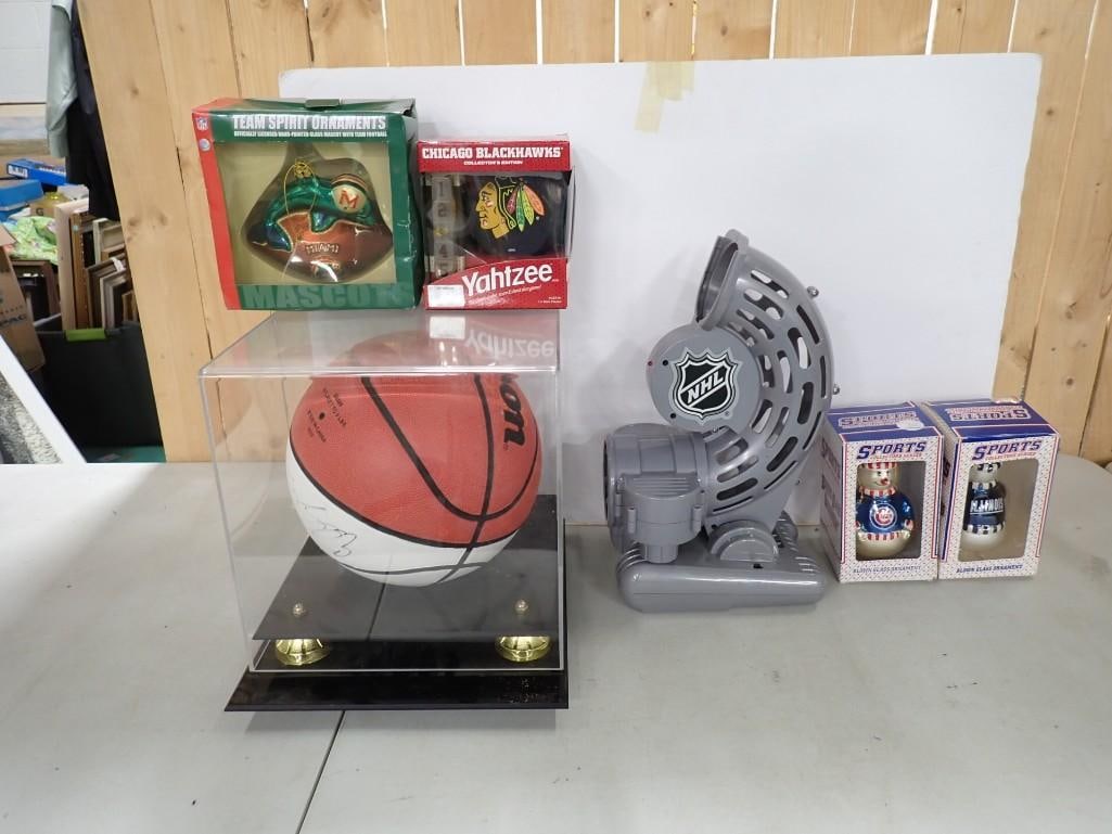 Sports Lot including Autographed Basketball with Case, Chicago Blackhawks Yahtzee, Cubs Ornament (1 of 7)
