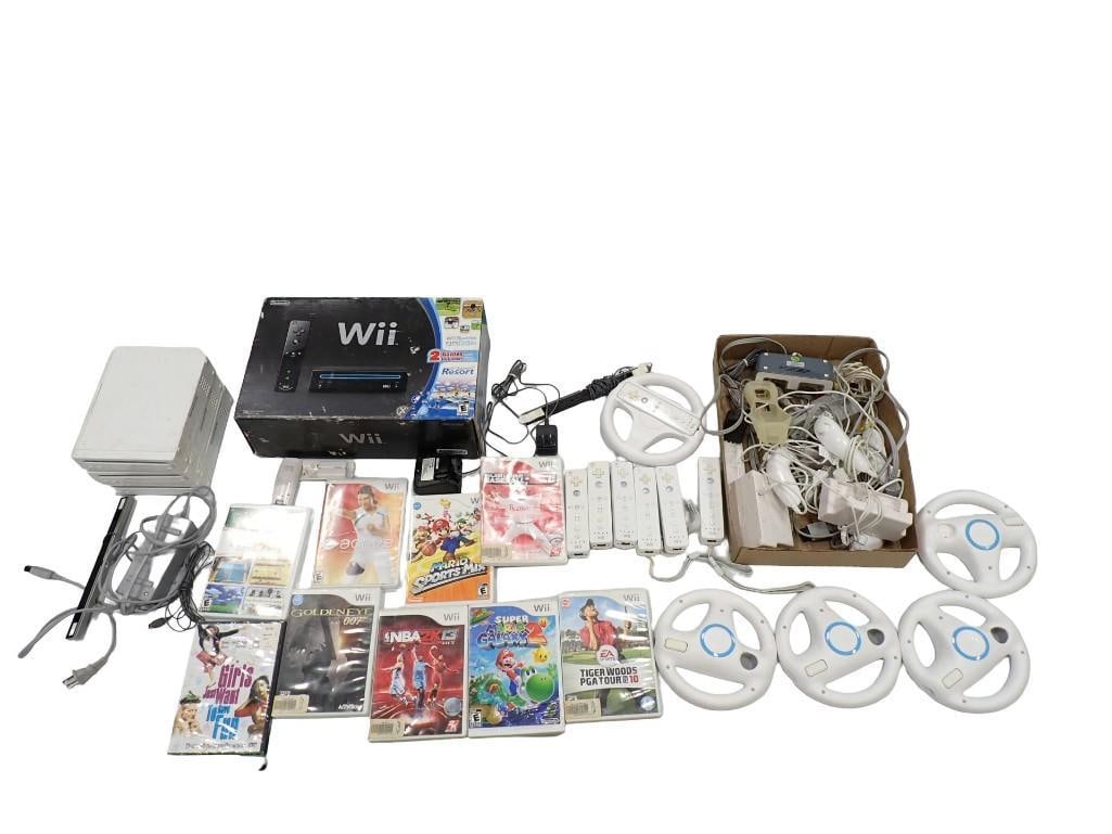 Nintendo Wii Lot including multiple systems (untested), steering wheels, cords, controllers, games, (1 of 18)