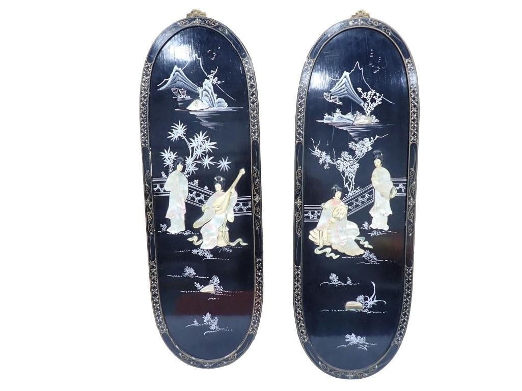 Pair of Chinese Black Lacquer Art Piece Wall Hangings: Pair of Chinese Black Lacquer Art Piece Wall Hangings All pictures are considered part of the description and should be examined carefully by bidders. Live Auctioneers is now offering Live Shipping th