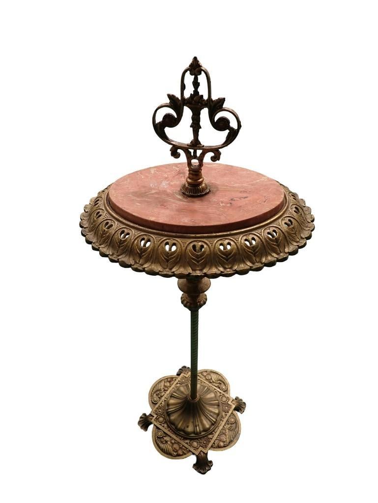 Antique Rembrandt Co. smoking stand with pink marble top and ornate cast metal details (1 of 7)