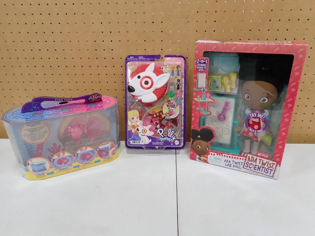 New in Package Toy Lot including Polly Pocket with Target Dog, Ada Twist Scientist, Lil' Dippers: New in Package Toy Lot including Polly Pocket with Target Dog, Ada Twist Scientist, Lil' Dippers All pictures are considered part of the description and should be examined carefully by bidders. Li