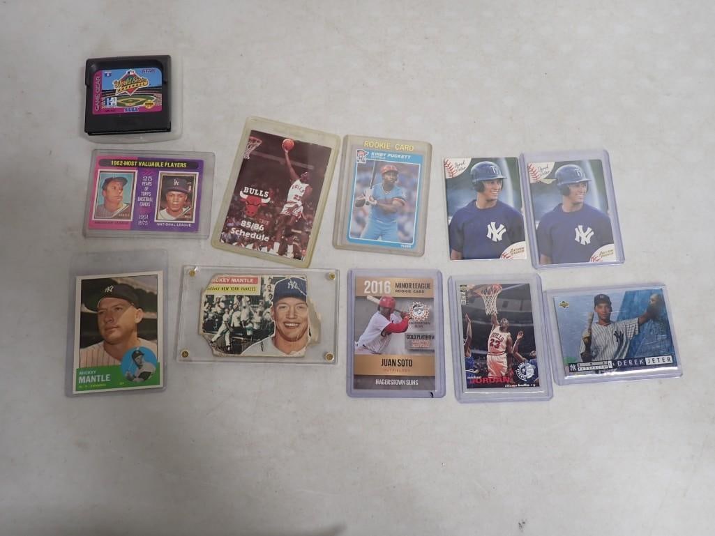 Sports Card lot, etc. Including Mickey Mantle, Kirby Puckett, Derek Jeter, Michael Jordan, Bulls (1 of 12)