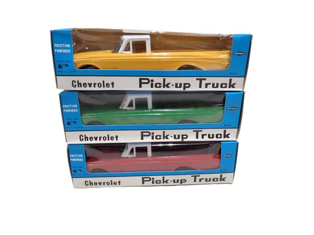 3 Vintage Friction Powered Chevrolet Pick Up Trucks NOS New Old Stock Toys: 3 Vintage Friction Powered Chevrolet Pick Up Trucks NOS New Old Stock Toys All pictures are considered part of the description and should be examined carefully by bidders. Live Auctioneers is now offe