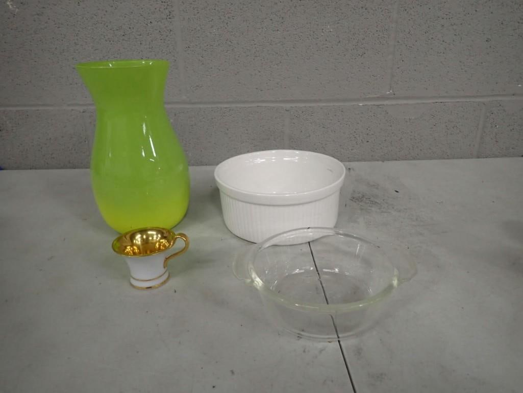 Misc. Lot including Green Yellow Vase - Possibly Blendo, Gold Gilt Tea Cup, Glass Bowl, etc (1 of 5)