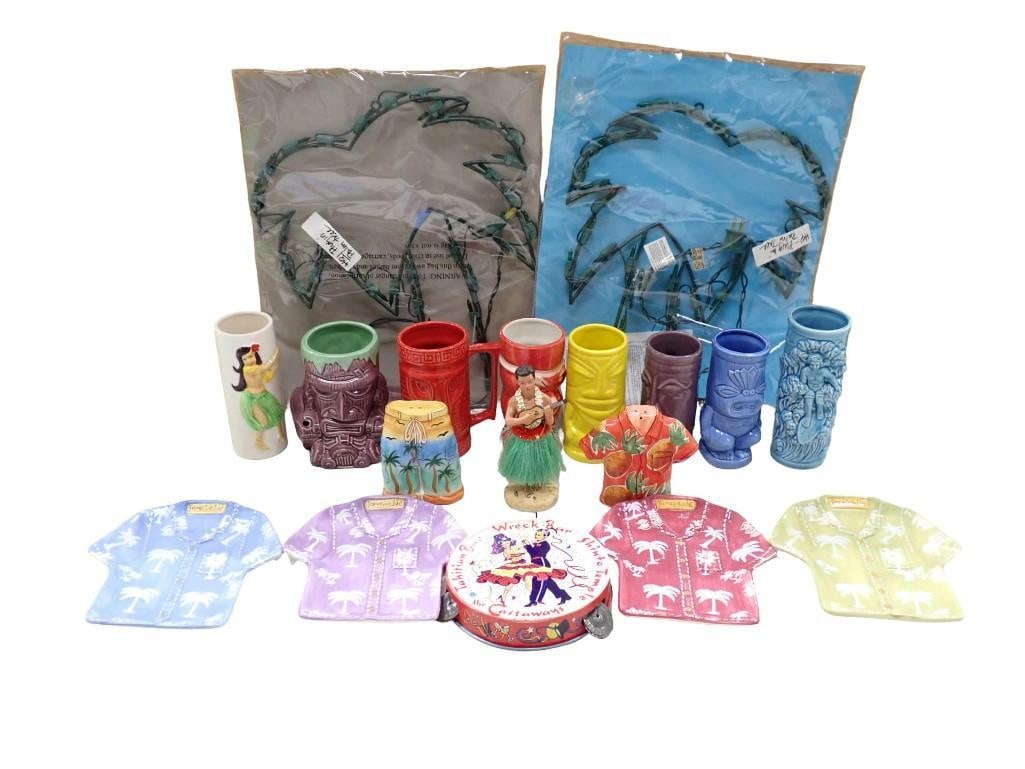 Tiki Lot including Tiki Mugs, Hula Figurine and Mug, Light up Palm Trees, Hawaiian Shirt Plates,: Tiki Lot including Tiki Mugs, Hula Figurine and Mug, Light up Palm Trees, Hawaiian Shirt Plates, Tamborine, etc. All pictures are considered part of the description and should be examined carefully by