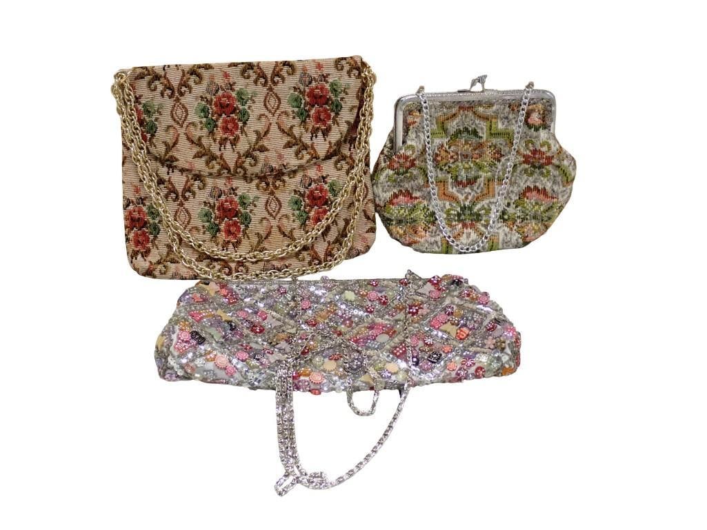 Purse / Bag lot - 1960's Walborg Tapestry Fabric & Hand Beaded Kiss Lock Hong Kong Tag, Japanese and (1 of 6)