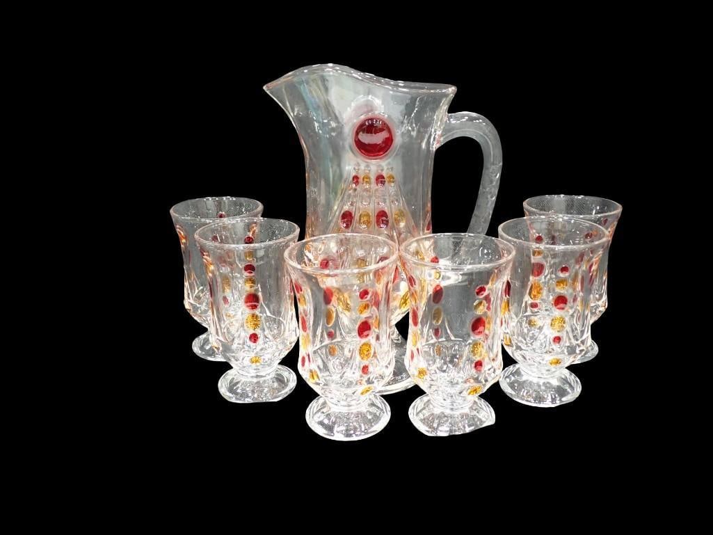 Vintage EAPG Lot including Pitcher with 6 matching glasses, Red/Orange Design (1 of 5)