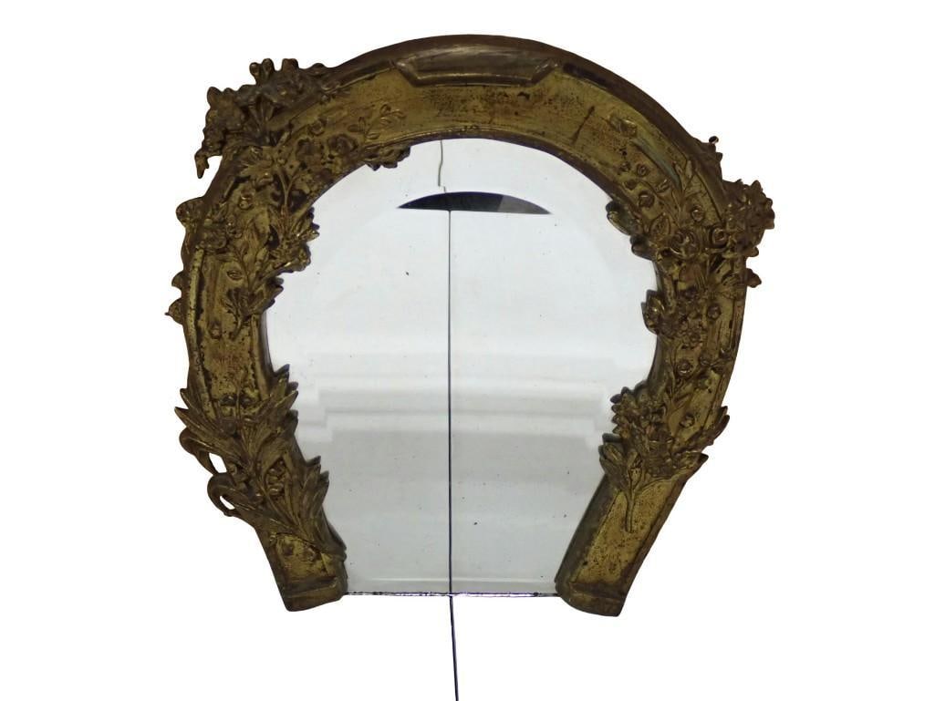Antique Cast Metal Good Luck Horseshoe Mirror by Peter Wiederer (c) 1897: Antique Cast Metal Good Luck Horseshoe Mirror by Peter Wiederer (c) 1897 All pictures are considered part of the description and should be examined carefully by bidders. Live Auctioneers is now offeri