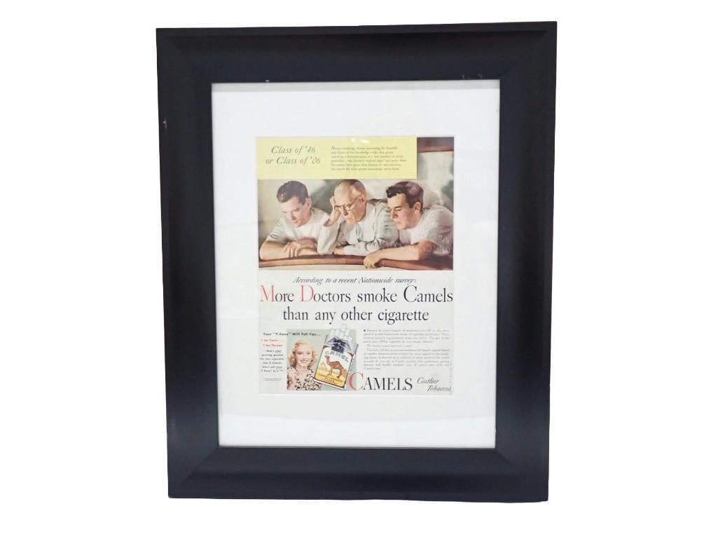 Vintage 1940's RJ Reynolds Camel Cigarettes Magazine Advertisement: Vintage Framed and Matted 1940's RJ Reynolds Camel Cigarettes Magazine Advertisement "More Doctors smoke Camels than any other cigarette" - roughly 18x22" All pictures are considered p