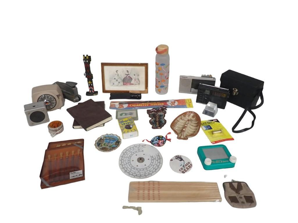 Misc. Lot - Vintage Radios, Etch-A-Sketch, Ash Trays, Vintage Stapler, Souvenirs, Chicago Bears, etc: Misc. Lot - Vintage Radios, Etch-A-Sketch, Ash Trays, Vintage Stapler, Souvenirs, Chicago Bears, Tortice Shell Cocktail Flatware, etc All pictures are considered part of the description and should be 