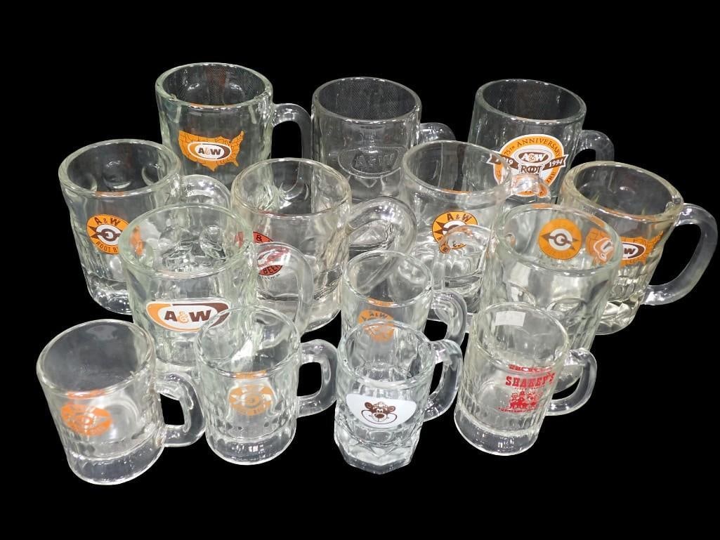 Lot of Glass A&W Root Beer Mugs including Vintage and a Shakey's Pizza Mug (1 of 7)