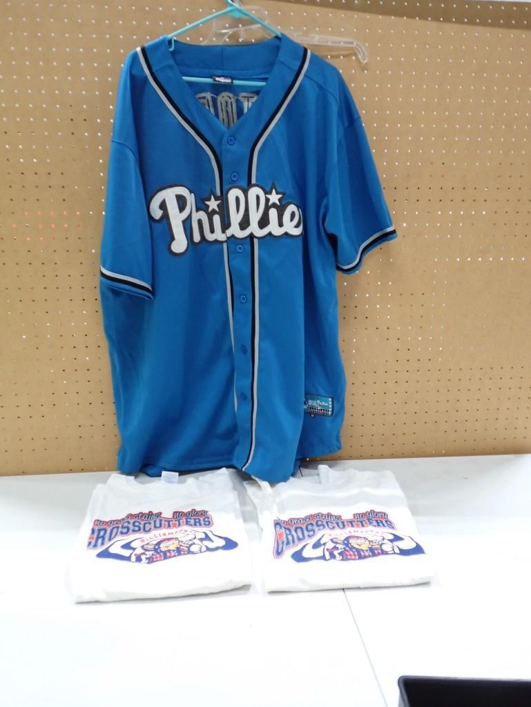 Philadelphia Phillies Baseball Jersey and 2 Williamsport Crosscutters T-Shirts: Philadelphia Phillies Baseball Jersey and 2 Williamsport Crosscutters T-Shirts All pictures are considered part of the description and should be examined carefully by bidders. Live Auctioneers is now 