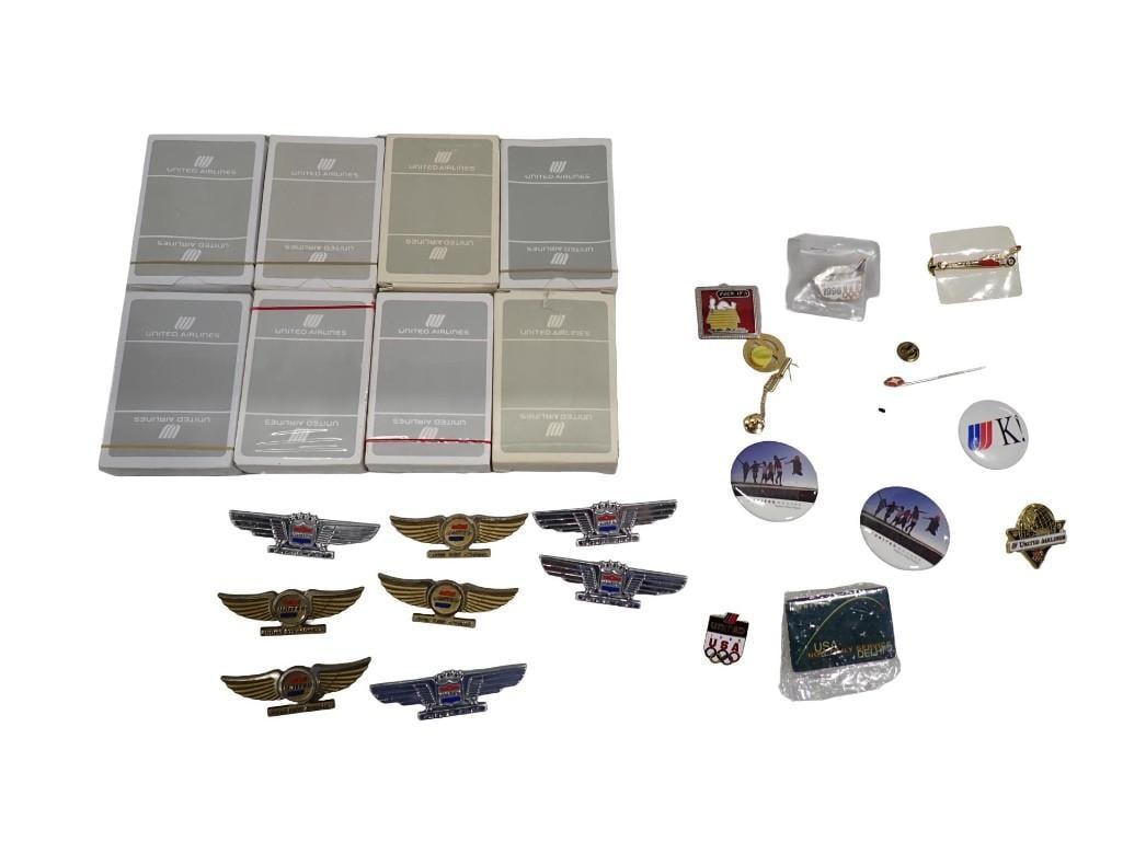 Lot of Airline Smalls incl United Airlines Pins, Buttons, Playing Cards, Etc: Lot of Airline Smalls incl United Airlines Pins, Buttons, Playing Cards, Etc All pictures are considered part of the description and should be examined carefully by bidders. Live Auctioneers is now of