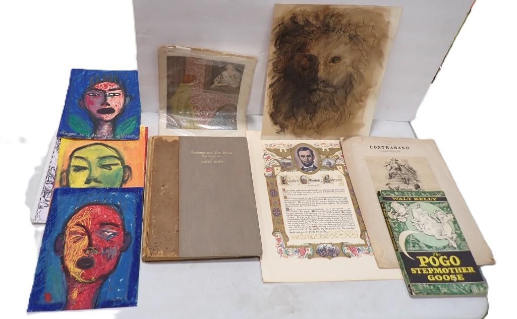 Art and Ephemera Lot including Stylized Faces, Walt Kelly The Pogo Stepmother Goose, Gettysburg Addr (1 of 15)
