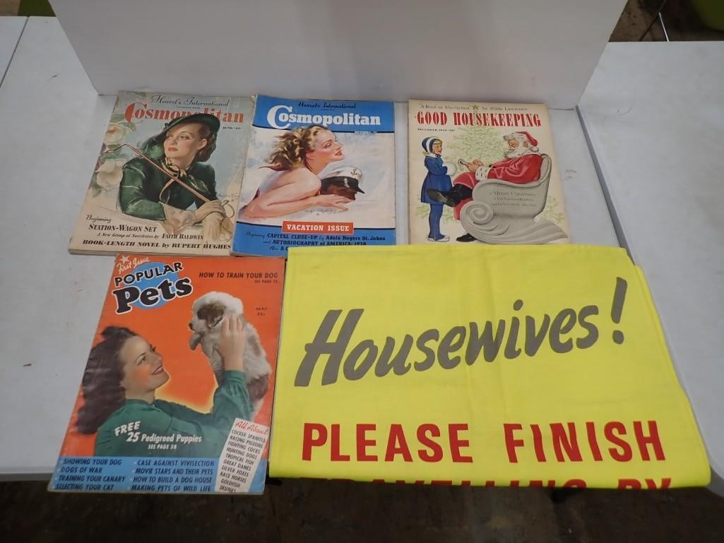 Vintage Magazines including First Issue of Popular Pets, Early Issues of Cosmopolitan, Good House Ke: Vintage Magazines including First Issue of Popular Pets, Early Issues of Cosmopolitan, Good House Keeping. And a war era propaganda wall hanging reproduction All pictures are considered part of 