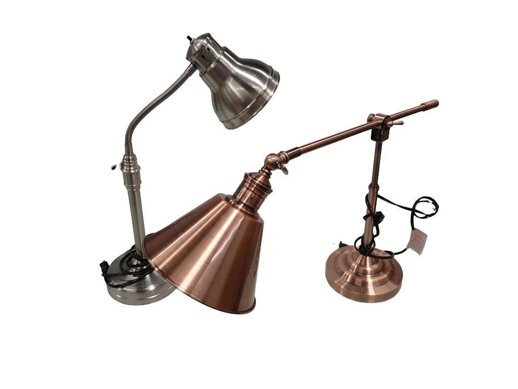 Two Industrial Style Desk Lamps - Copper color and Silver Color: Two Industrial Style Desk Lamps - Copper color and Silver Color All pictures are considered part of the description and should be examined carefully by bidders. Live Auctioneers is now offering Live S