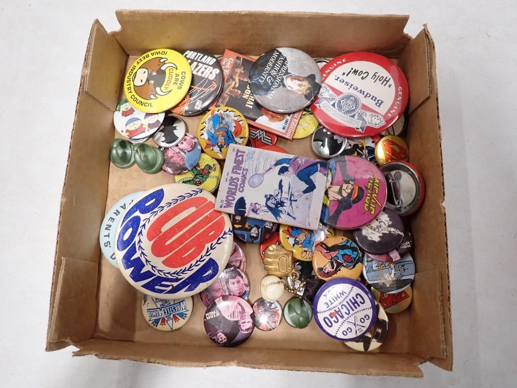 Button Lot including South Park, Superman, Budweiser, White Sox, Wrestlemania, Jetsons, Wonder Woman: Button Lot including South Park, Superman, Budweiser, White Sox, Wrestlemania, Jetsons, Wonder Woman, etc. All pictures are considered part of the description and should be examined carefully by bidde