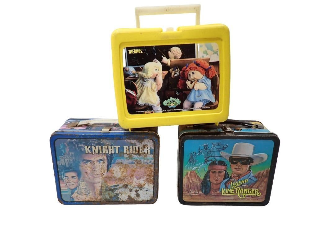 Vintage Lunch Box Lot including Knight Rider, Cabbage Patch Kids, Legend of the Lone Ranger: Vintage Lunch Box Lot including Knight Rider, Cabbage Patch Kids, Legend of the Lone Ranger All pictures are considered part of the description and should be examined carefully by bidders. Live Auctio