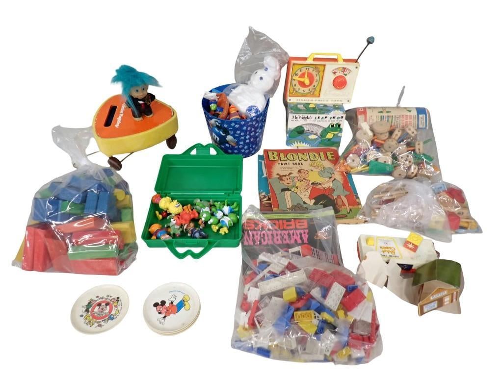 Vintage Toy Lot including Tinker Toys, Blondie Paint Book, Troll, Fisher Price Radio, Mr. Wiggles (1 of 14)