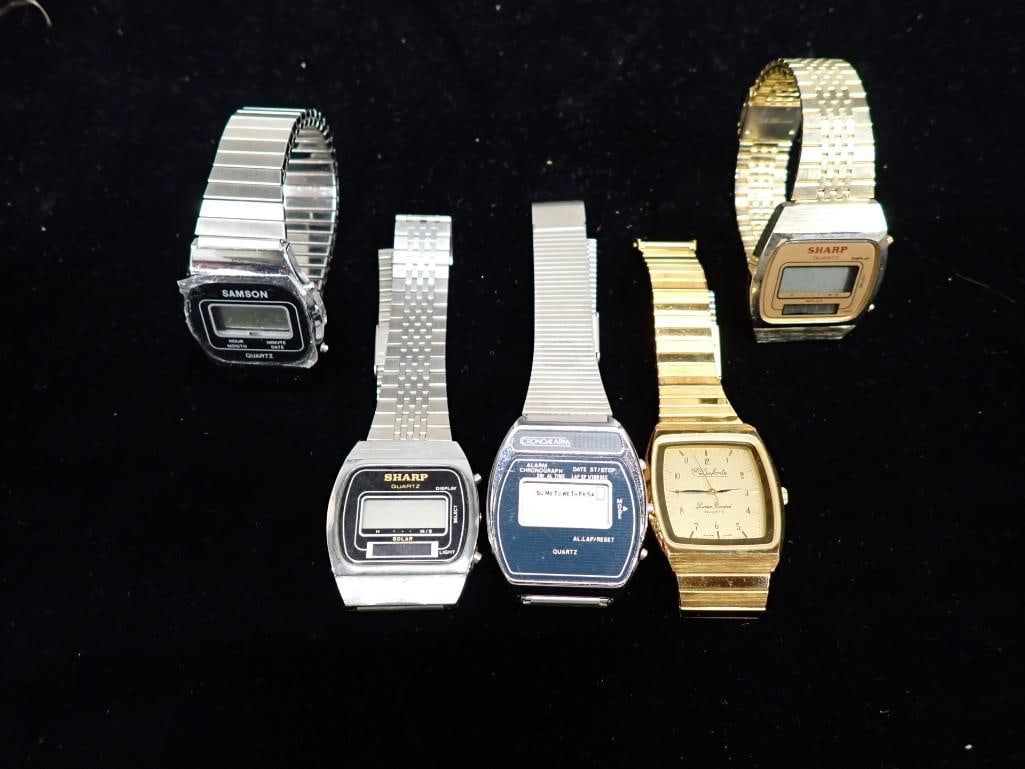 4 Vintage Digital Watches and a Lucien Piccard Dufont Watch: 4 Vintage Digital Watches and a Lucien Piccard Dufont Watch All pictures are considered part of the description and should be examined carefully by bidders. Live Auctioneers is now offering Live Shipp
