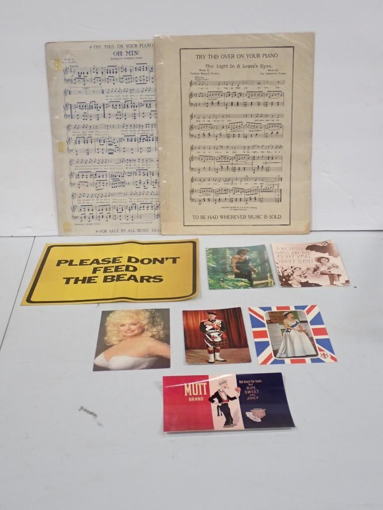 Ephemera Lot including Dolly Parton Photo, Rambo, Sheet Music, Don't Feed the Bears, Advertising,: Ephemera Lot including Dolly Parton Photo, Rambo, Sheet Music, Don't Feed the Bears, Advertising, etc. All pictures are considered part of the description and should be examined carefully by bidde