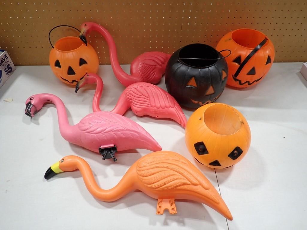 Blow Mold Lot including Pink Flamingos and Halloween Buckets or Baskets: Blow Mold Lot including Pink Flamingos and Halloween Buckets or Baskets All pictures are considered part of the description and should be examined carefully by bidders. Live Auctioneers is now offerin