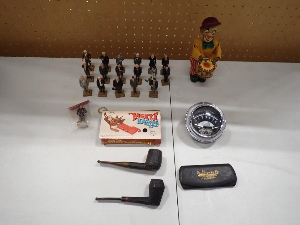 Misc. Lot including Wind Up Clown Toy, Marx Presidential Figures, Tachometer, Mini Swinger Toy, (1 of 11)