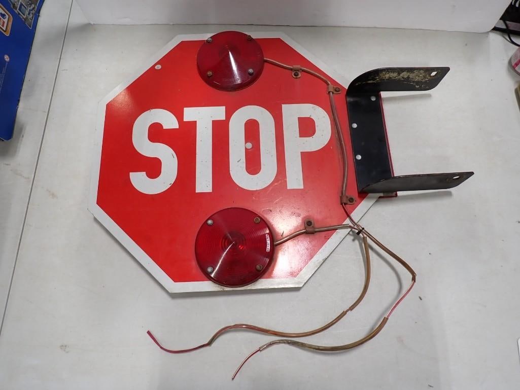 School Bus Stop Sign with Lights - Untested: School Bus Stop Sign with Lights - Untested. It could probably be attached to non school buses as well if you know what you're doing. All pictures are considered part of the description and 