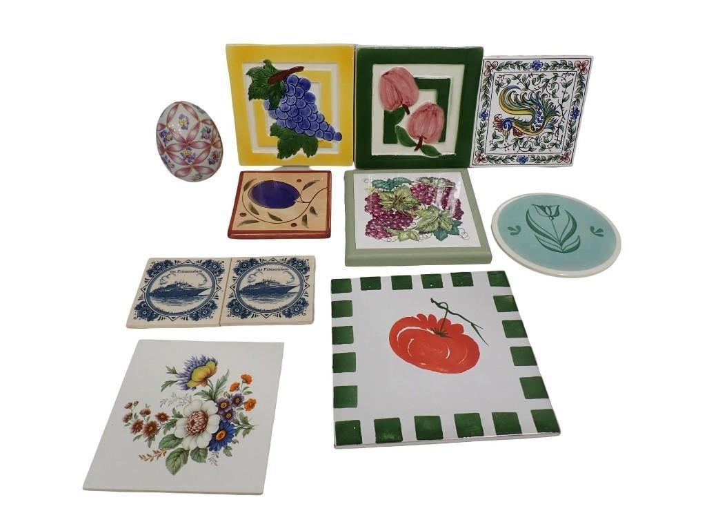Decorative Tiles, Plaques, and a Porcelain Egg: Decorative Tiles, Plaques, and a Porcelain Egg All pictures are considered part of the description and should be examined carefully by bidders. Live Auctioneers is now offering Live Shipping through t