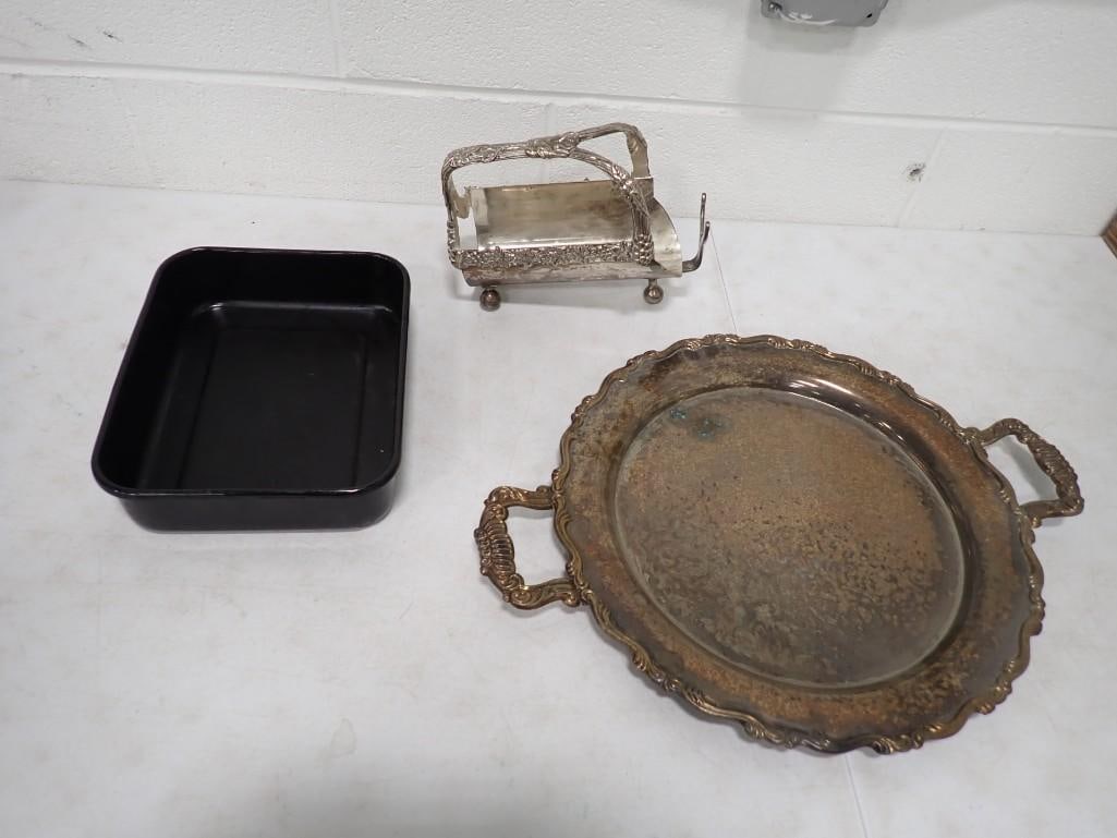 Silver Plated Wine Bottle Caddy, 2 Handled Round Tray, Cake Pan (1 of 10)