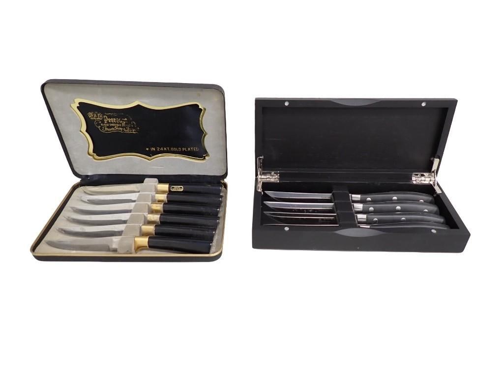 2 Sets of Steak Knives incl 1 Peeredge Set with 24K Gold Plating: 2 Sets of Steak Knives including 1 Peeredge Set with 24K Gold Plating All pictures are considered part of the description and should be examined carefully by bidders. Live Auctioneers is now offering