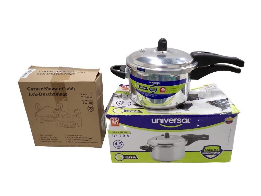 Universal Pressure Cooker New in Box and Corner Shower Caddy: Universal Pressure Cooker New in Box and Corner Shower Caddy All pictures are considered part of the description and should be examined carefully by bidders. Live Auctioneers is now offering Live Ship