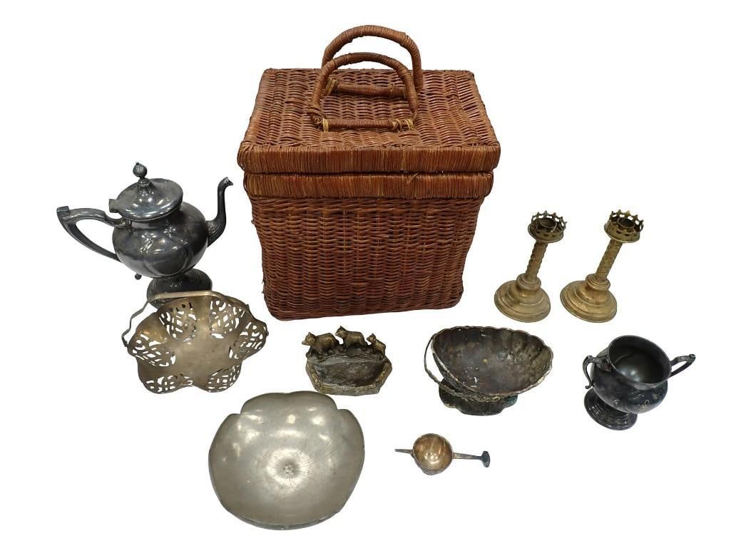 Wicker Picnic Basket, Vintage / Antique Silver Plate, Brass, etc.: Wicker Picnic Basket, Vintage / Antique Silver Plate, Brass, etc. All pictures are considered part of the description and should be examined carefully by bidders. Live Auctioneers is now offering Live