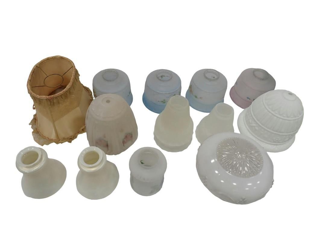 Vintage or Antique Lamp Shade lot including Glass, Frosted, Reverse Printed, etc.: Vintage or Antique Lamp Shade lot including Glass, Frosted, Reverse Printed, etc. All pictures are considered part of the description and should be examined carefully by bidders. Live Auctioneers is n