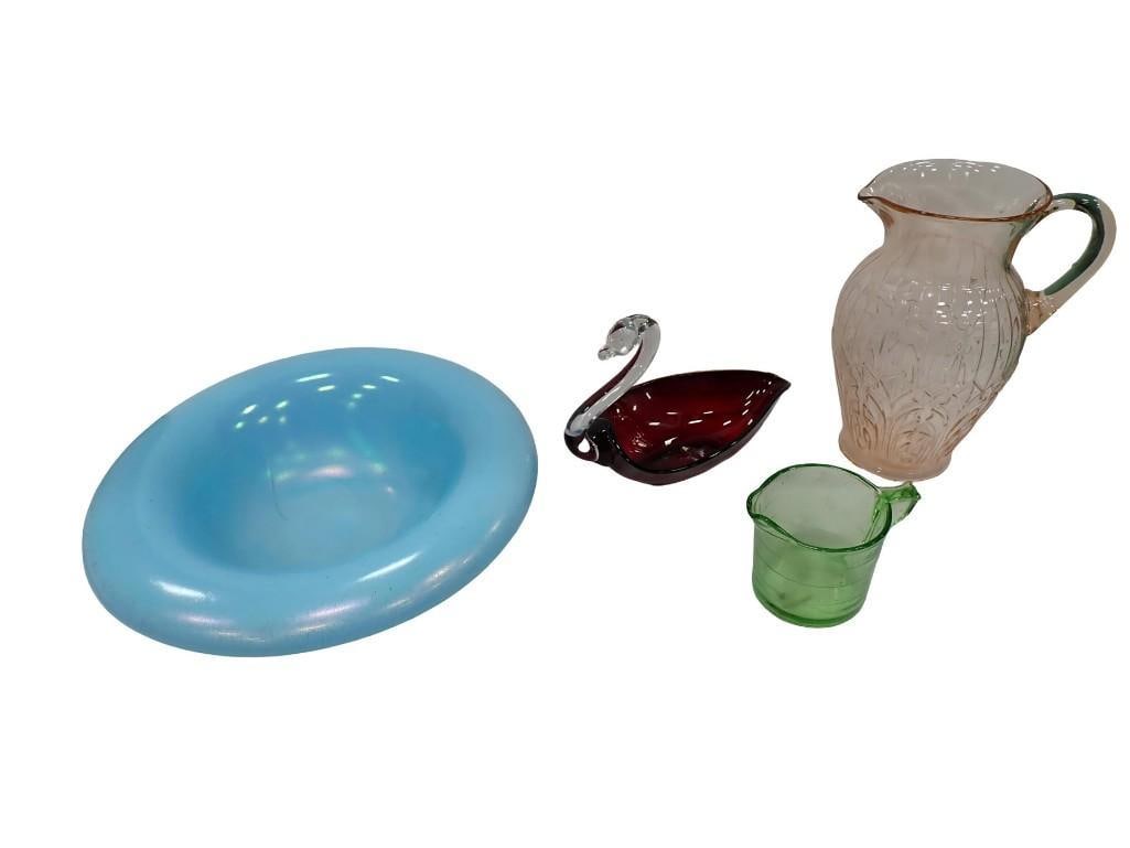 Glass Lot including Northwood Iridescent Blue Stretch Bowl, Ruby Red Art Glass Swan, Pink Pitcher, (1 of 20)
