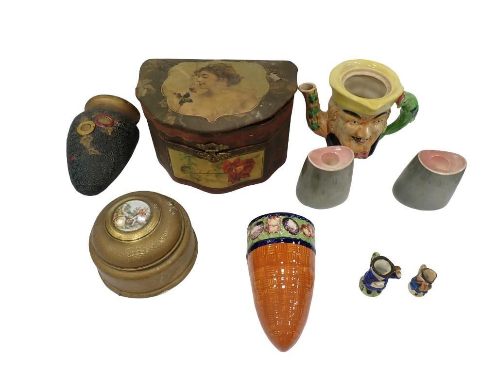 Vintage Lot including Celluloid Victorian Jewelry Box, Toby Style Teapot/mugs, Brass Music Powder (1 of 20)