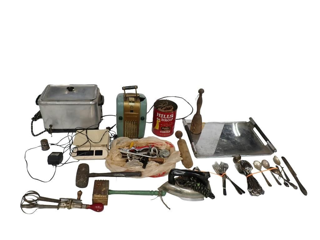 Vintage Kitchen Lot, etc. including teal Westinghouse Little Jewel refrigerator radio, Deep Fryer, (1 of 20)
