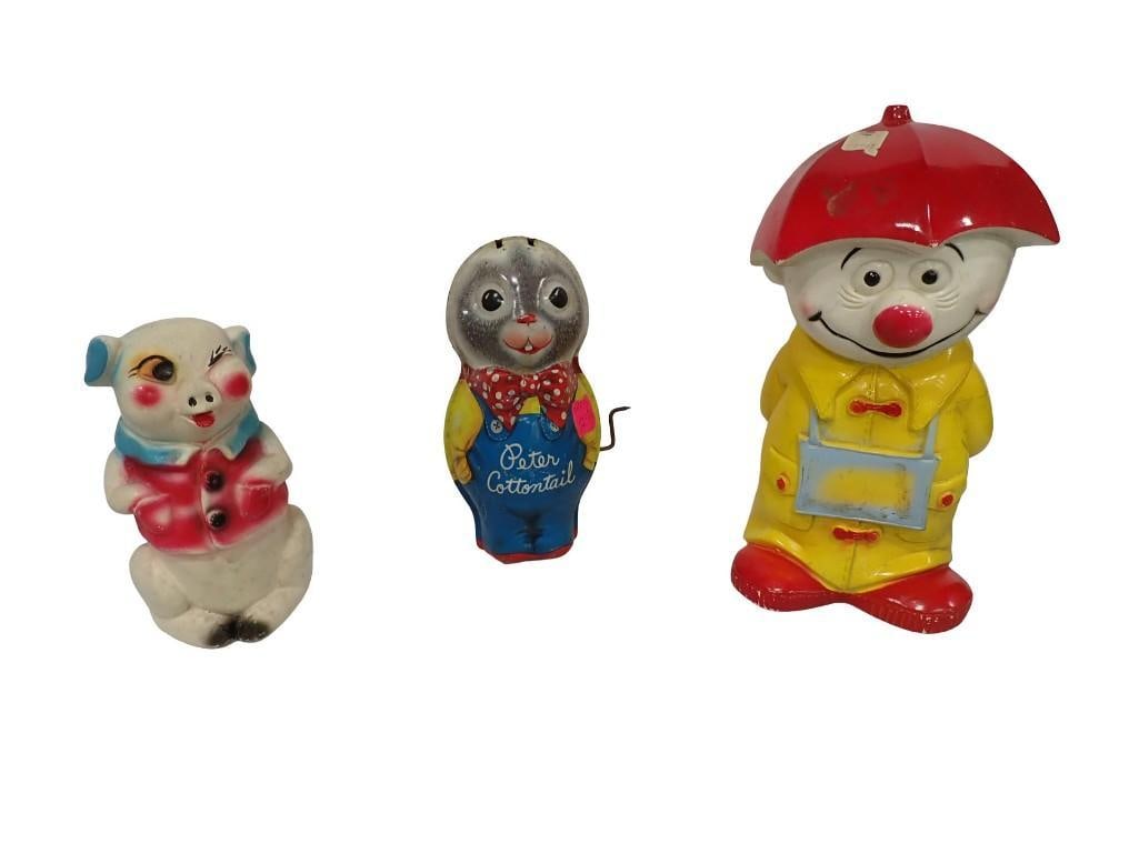 Vintage Chalkware Pig, 1950's Peter Cottontail Wind-Up Toy, Play Pal Clown Bank: Vintage Chalk ware Pig, 1950's Peter Cottontail Wind-Up Toy, Play Pal Clown Bank All pictures are considered part of the description and should be examined carefully by bidders. Live Auctioneers i