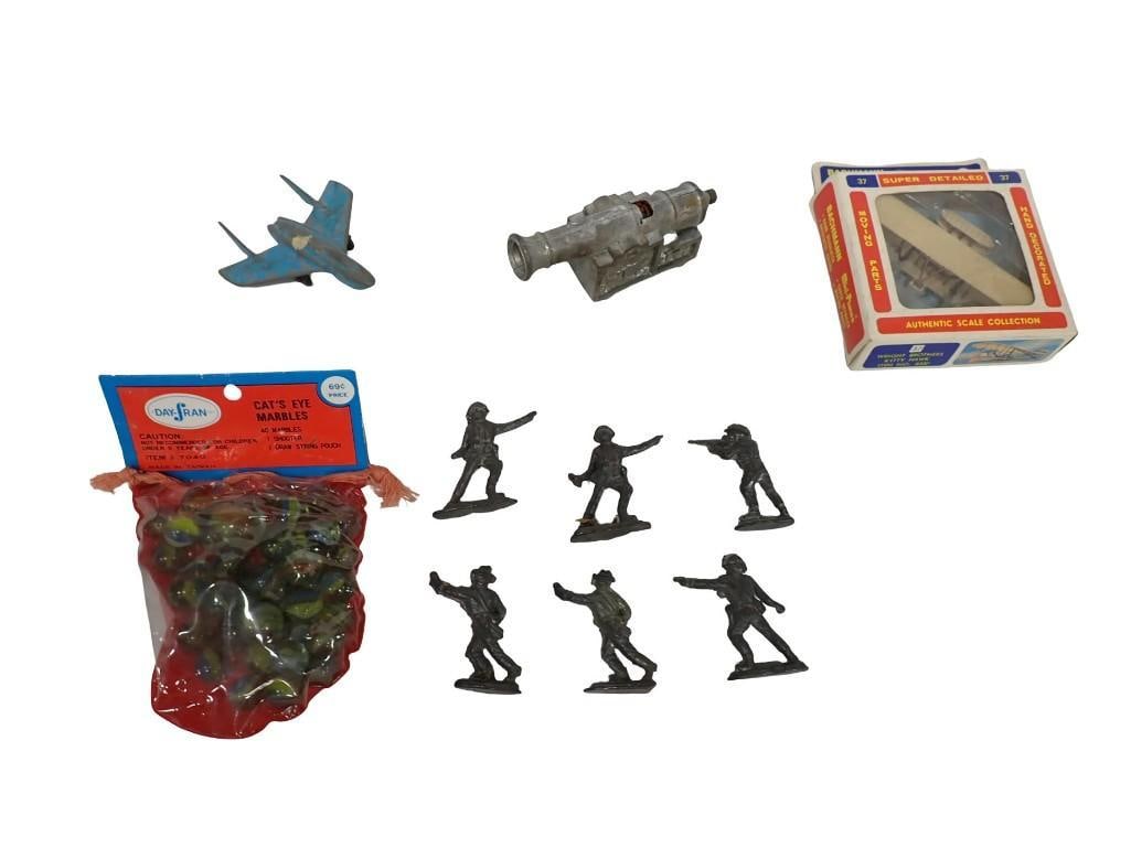 Vintage Toy Lot including Cat's Eye Marbles, Toy Soldiers, Cast Cannon, Airplanes, etc. (1 of 9)