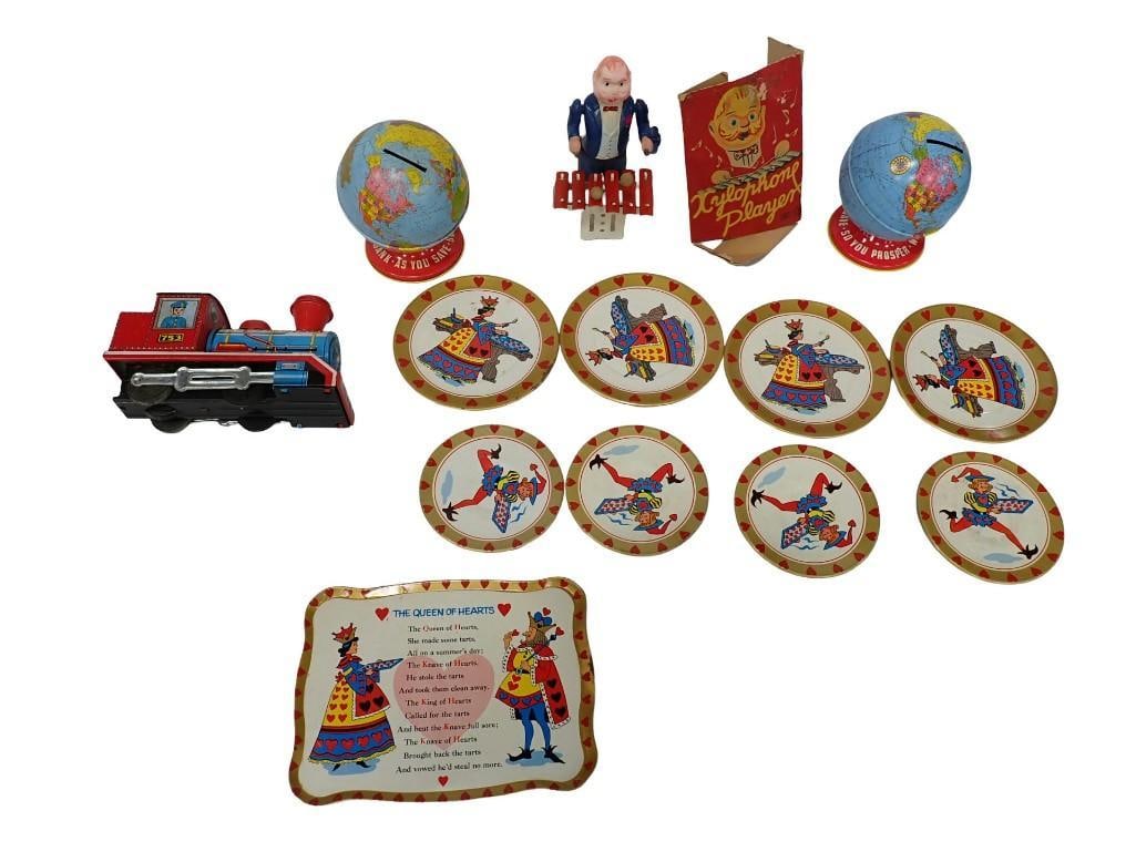 Vintage Toy Lot, etc. Including Xylophone Player, Globe Banks, Trian, Ohio Art Tin Litho Queen of: Vintage Toy Lot, etc. Including Xylophone Player, Globe Banks, Trian, Ohio Art Tin Litho Queen of Hearts Tray and Plates All pictures are considered part of the description and should be examined care