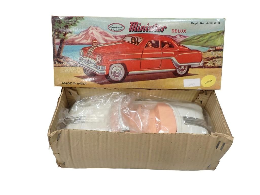 Vintage 1950s Minister Deluxe friction toy car with original box in White - looks unused: Vintage 1950s Minister Deluxe friction toy car with original box in White - looks unused All pictures are considered part of the description and should be examined carefully by bidders. Live Auc