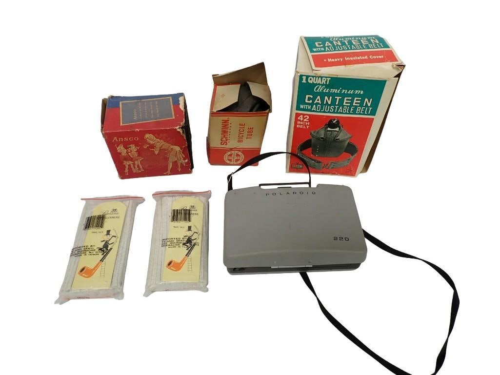 Misc. lot including Vintage Canteen with Belt, Polaroid 220, Pipe Cleaners, Schwinn Bike Tube (1 of 9)